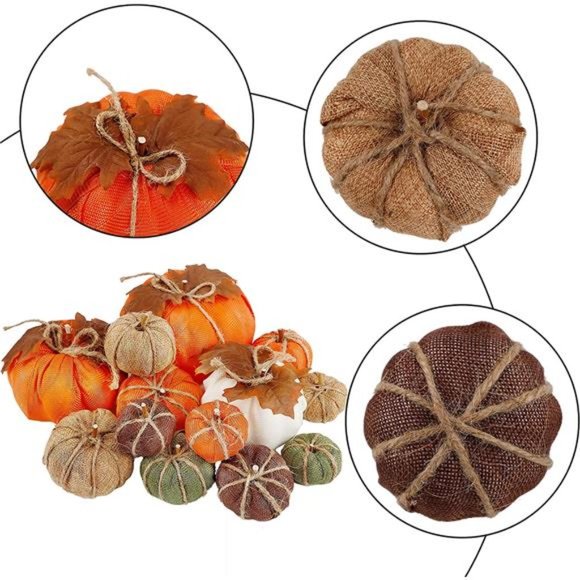 Set of 12 Thanksgiving Decor Artificial Pumpkins, Burlap Pumpkin with Leaves - Picture 5 of 6